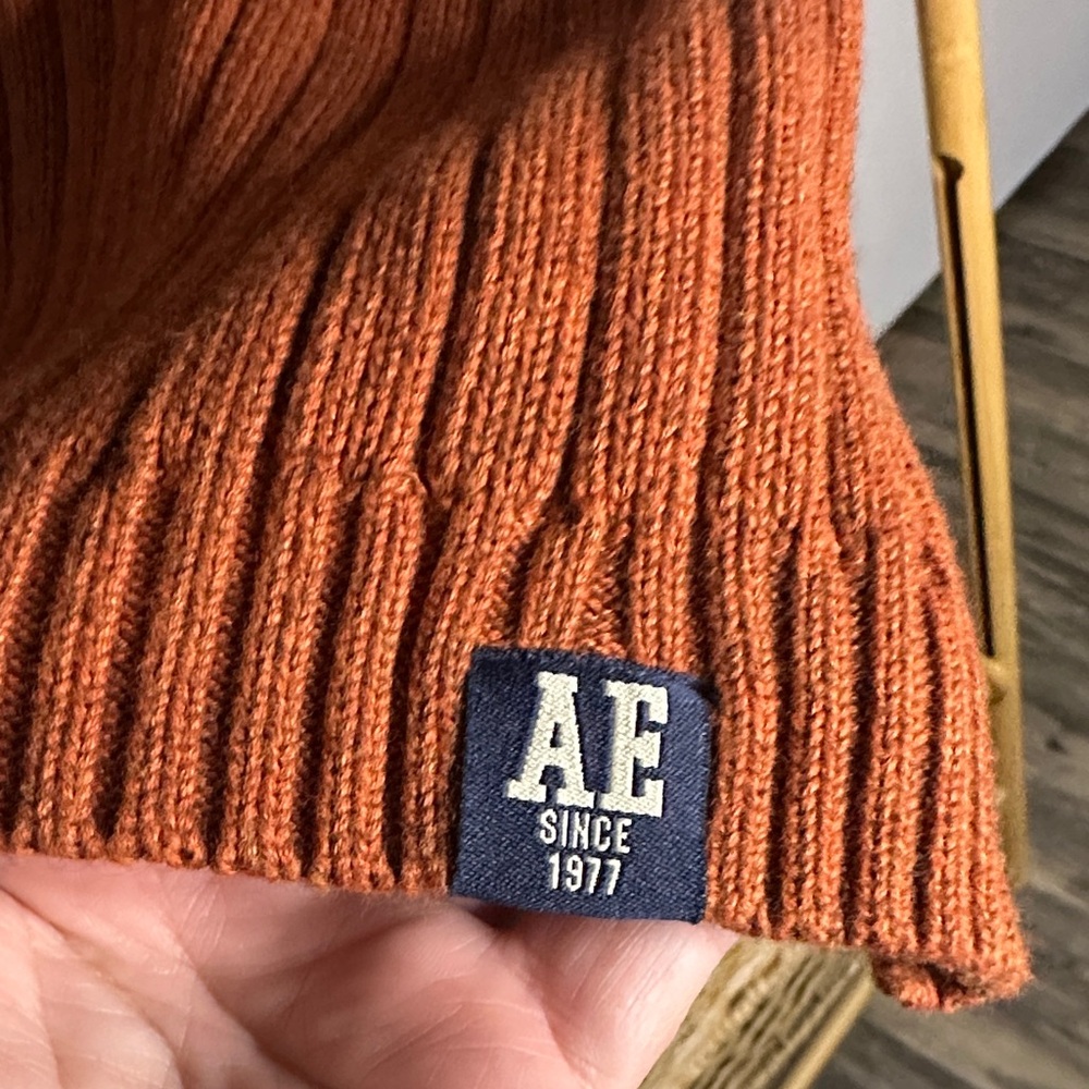 American Eagle Outfitters Men's V-Neck Rust‎ Sweater with navy stripe - Picture 7 of 10